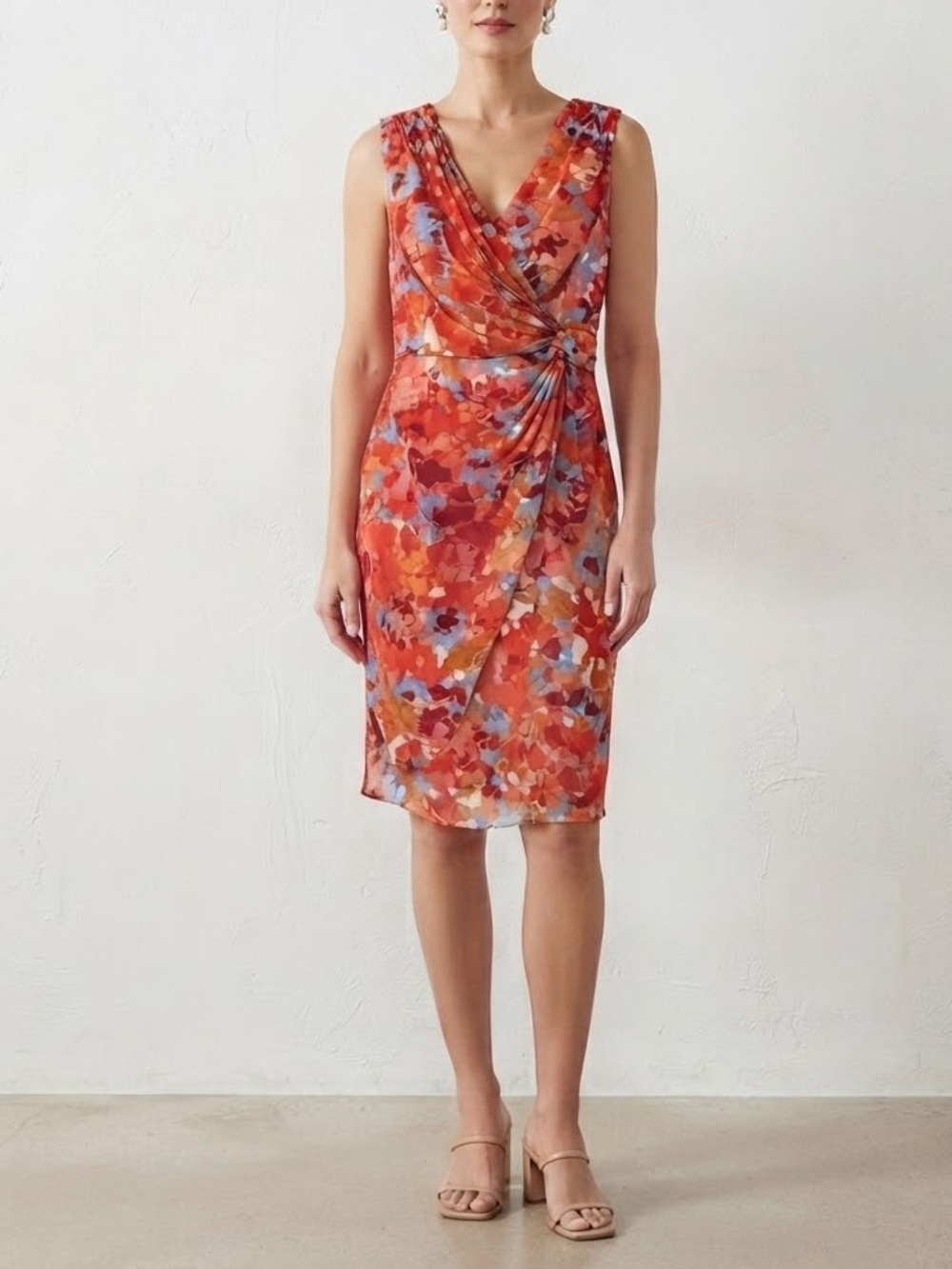 Andre Oliver Coral Red Floral Midi Dress with Knot Detail